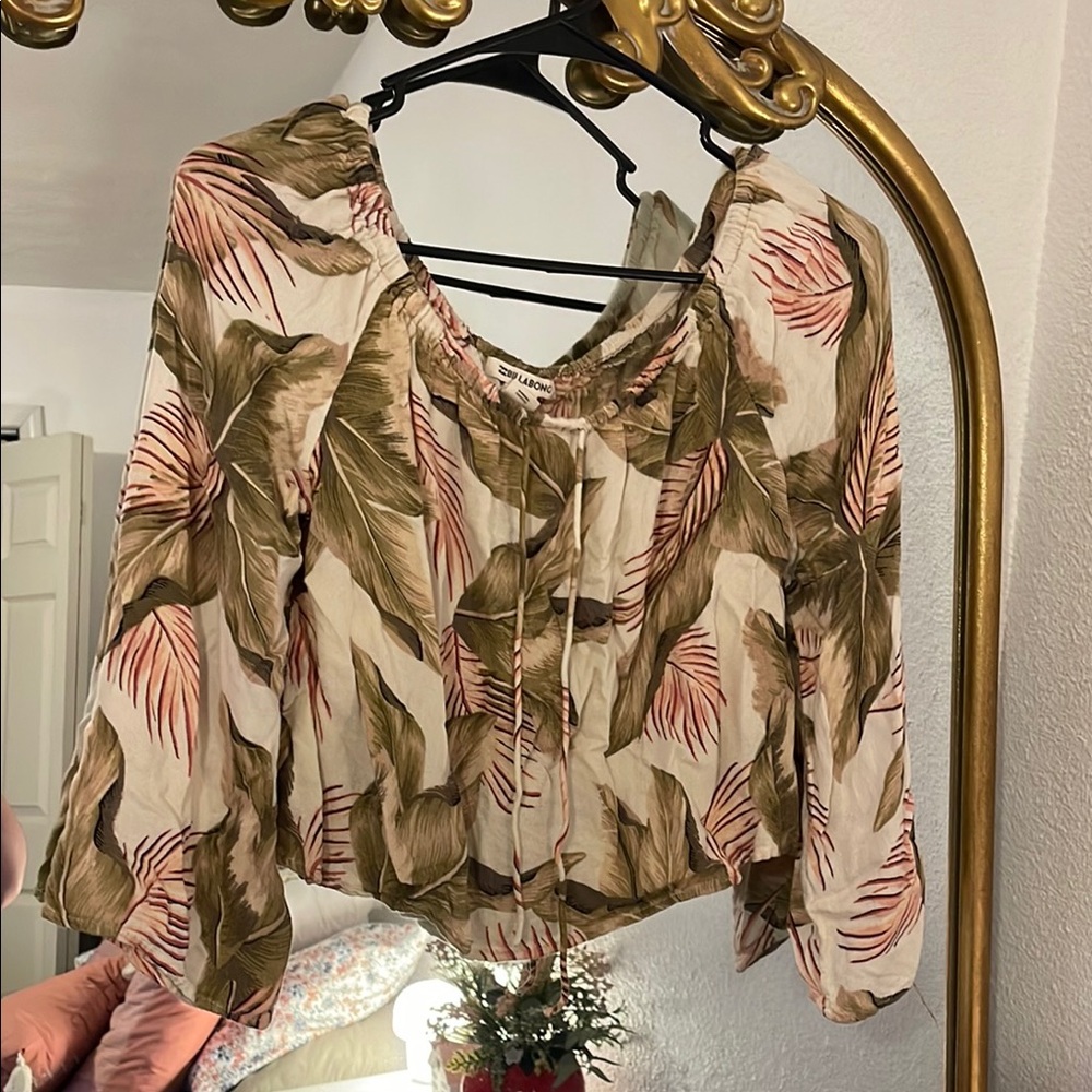 Billabong Palm Print Long Sleeve Tie Front Crop Blouse